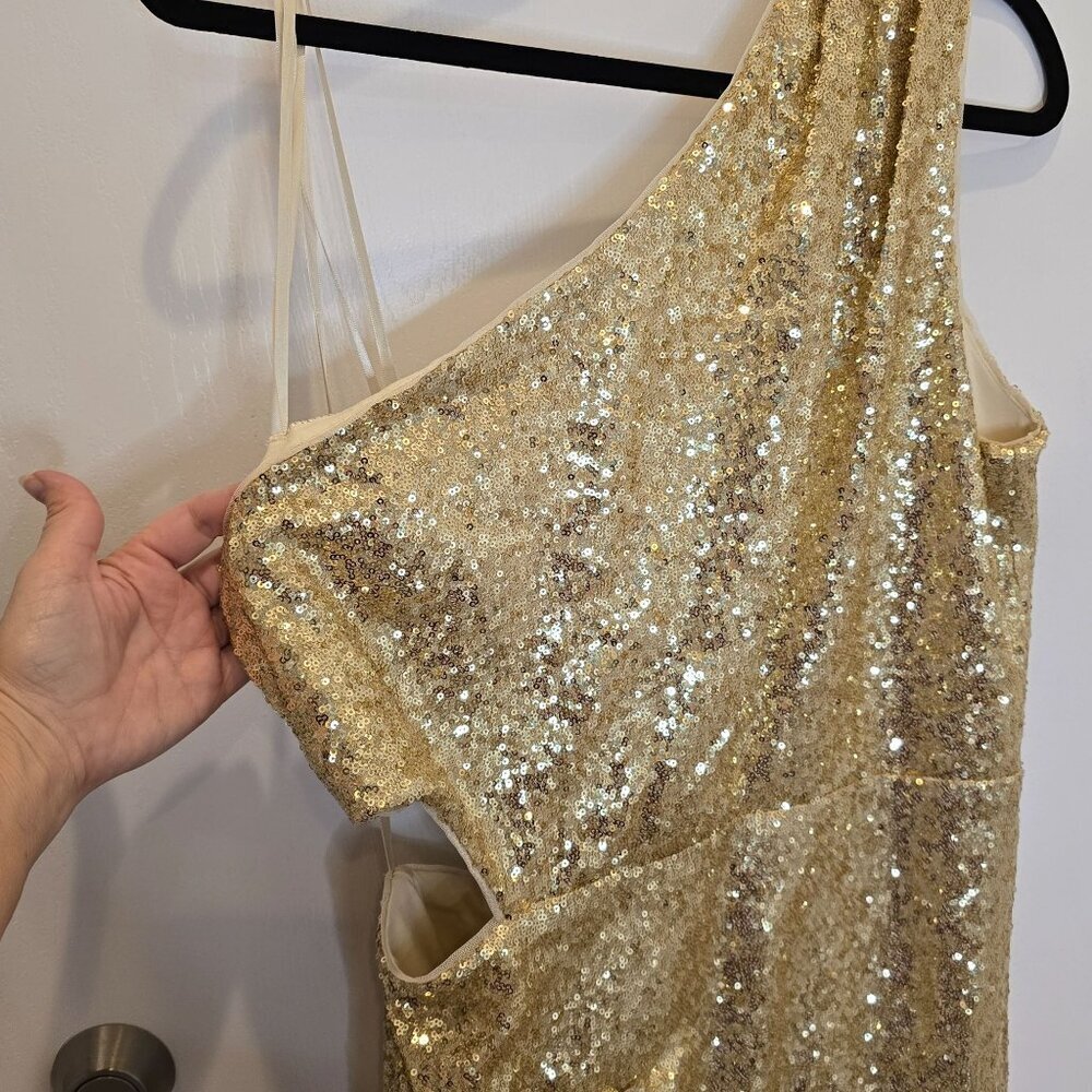BCBGMAXAZRIA Gold Sequin One-Shoulder Mini Draped Side Cutout XL Holiday Party - Picture 4 of 16